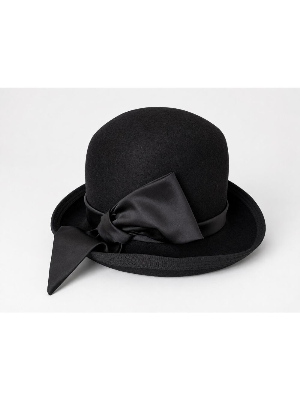 Vintage Miss Eileen Black Felt Bowler Hat Satin Bow Cloche Derby Womens